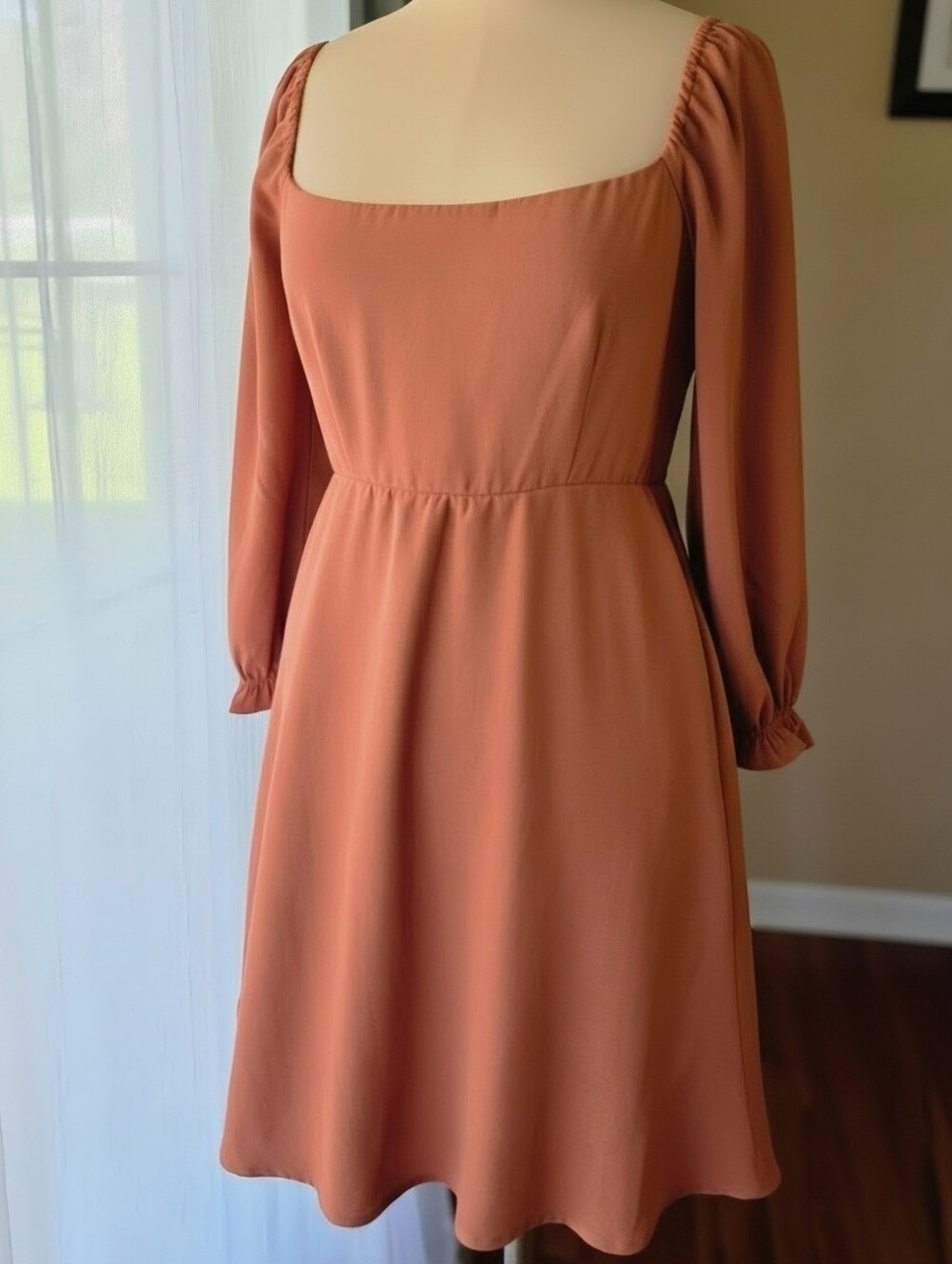 Rust Terracotta Square Neck Puff Sleeve Mini Dress M Cottagecore Fit & Flare F21